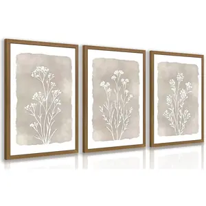 Grajoy Wood Framed Vintage Floral Wall Art Set of 3, Minimalist Wildflower Plant Wall Decor, Boho Beige Line Flower Poster Print, Farmhouse Nature Neutral Canvas Painting for Living Roo
