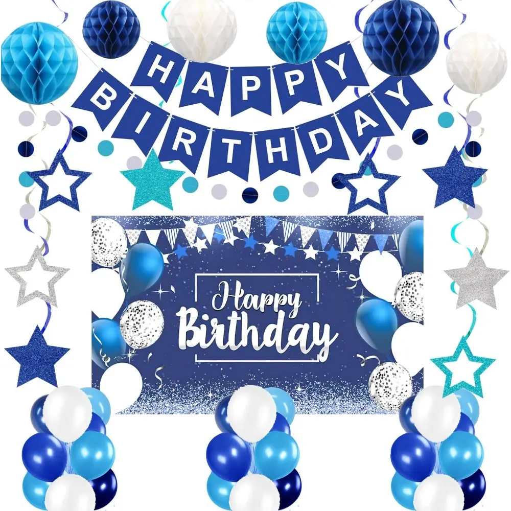 41-Pack Reusable Blue Happy Birthday Party Decoration Set for Gifts, Sturdy Festive Supplies Including Banner, Balloons, Backdrop, Hanging Swirls, Honeycomb Balls, Circle Dot Garlands, Stars