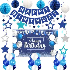 Blue Happy Birthday Party Decorations, 41-Pack Supplies with Banner, Balloons, Backdrop, Hanging Swirl, Honeycomb Ball and Circle Dot Garland