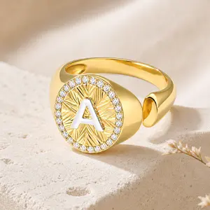 Initial  for Women, 14K Gold Plated Adjustable Letter , CZ Halo Monogram Signet , Personalized A-Z Open  Jewelry Gift tiktokshopspringglowup ring