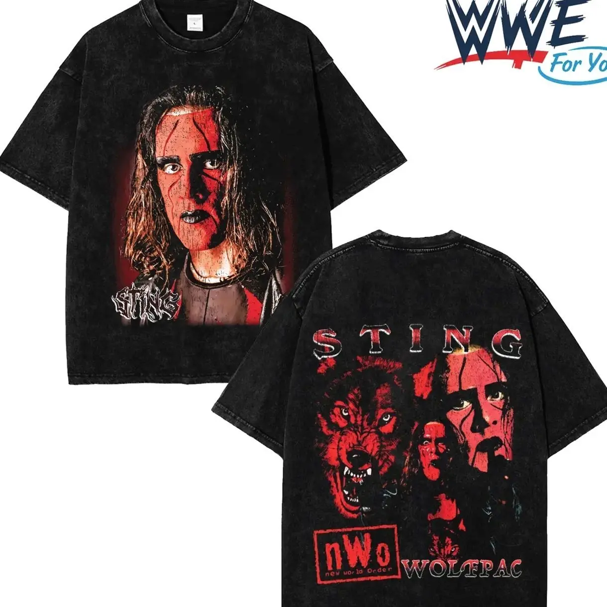 Sting Wolfpac Wrestling T-Shirt nWo  acid wash Vintage Washed Tee WWE Legends Graphic Oversized Heavyweight Cotton Crewneck Top Retro 90s Wrestling Streetwear unisex casual shirt wwe fan Fabric Menswear Tshirt Tropical M2Q