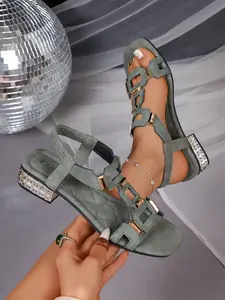 Women's Gladiator-Style Cut-Out Sandals, Rhinestone Embellished Block Heels, Elastic Back Strap Sandals, Metal Detail Flat Sandals, Women's Low Heel Summer Sandals, Embellished Casual Sandals, Black Glitter Heel Sandals, Diamond Cut-Out Strap Sandals.