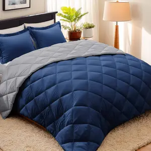 3pc Navy King Size Comforter Set -All Season Reversible Down Alternative Comforter with Two Shams -Quilted Duvet Insert with Corner Tabs - Diamond Stitched Blanket - Breathable, Soft, Fluffy