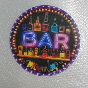 Neon Light Bar Metal Sign Decorative Neon Light with Colorful Beverage Bottles Retro Aluminum Round Poster Suitable for Artistic Cafes and Beach Villa Decorations Size 7.8x7.8inch