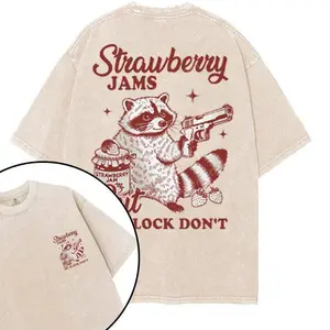 Washed T-shirt, Retro Vintage Limited Strawberry Jams But My Glock Don’t Graphic T-shirt, Funny Raccoon Strawberry Parody Tee, Oversized Streetwear Unisex Shirt,
