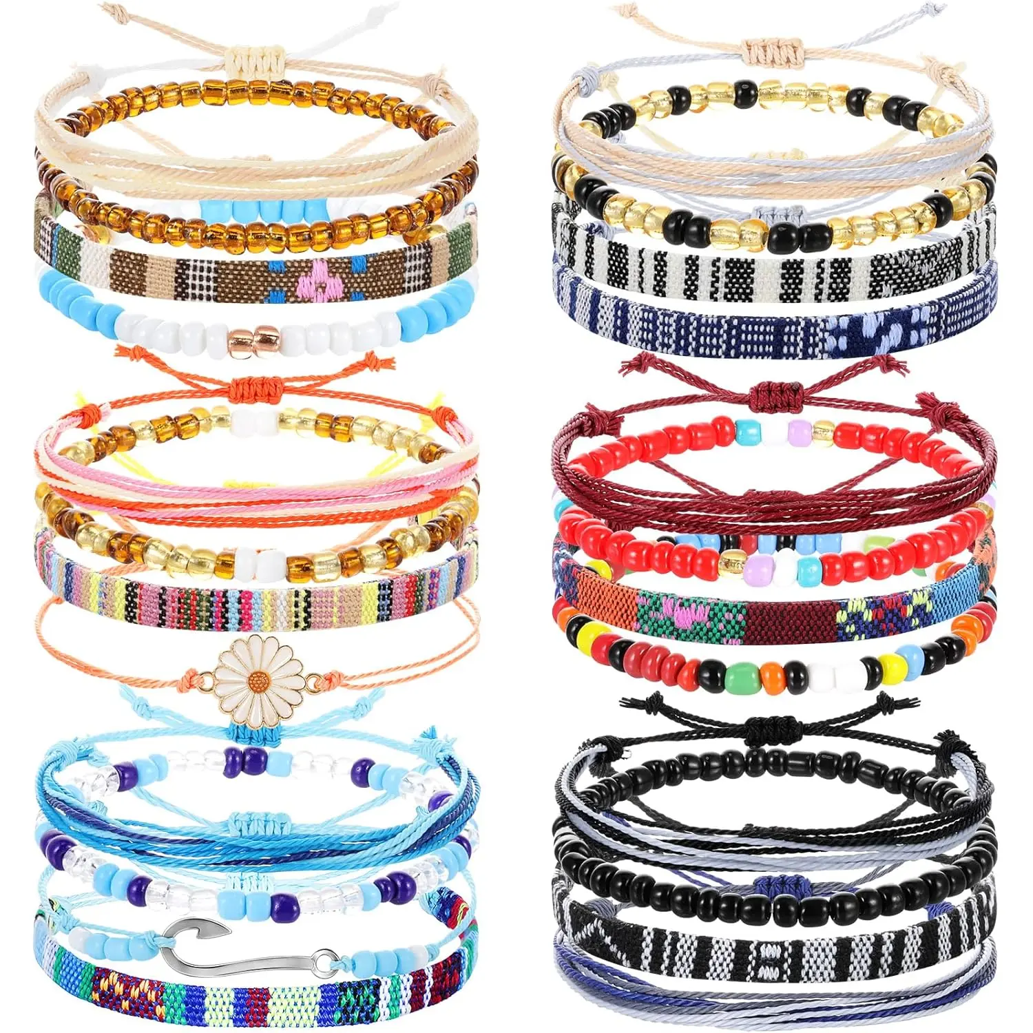 24 count Boho Surfer Bracelet for Women Adjustable Anklets Bracelet Handmade Braided Bracelets for Men Waterproof Surfer Beach Bracelet Mexican Bracelet String Rope Jewelry(Vintage Style)