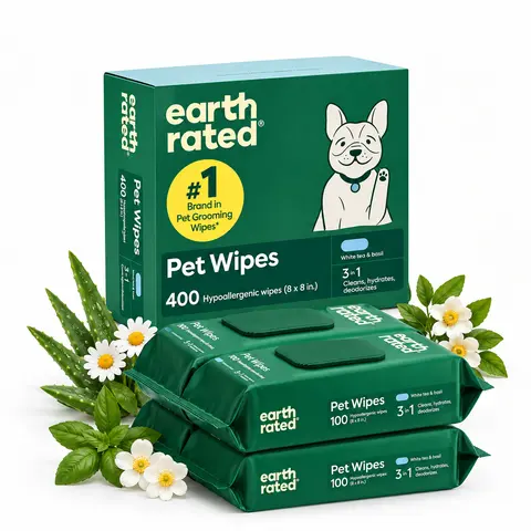 Earth Rated 3-in-1 Pet Grooming Wipes - Grooming Products for Dogs & Cats, Gentle Enough for Daily Wipe-Downs, Pomegranate-Infused for Skin Health, White Tea & Basil Scent, 400 Count