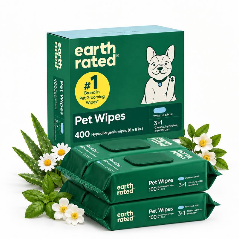 Earth Rated 3-in-1 Pet Grooming Wipes - Grooming Products for Dogs & Cats, Gentle Enough for Daily Wipe-Downs, Pomegranate-Infused for Skin Health, White Tea & Basil Scent, 400 Count