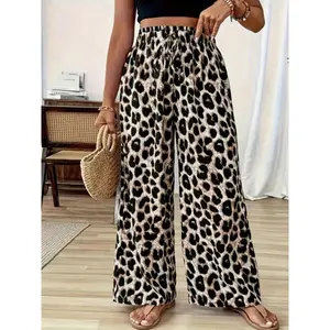 Large leopard print elastic wide-leg pants, comfortable high-stretch fabric, fashionable women’s casual wear GARMENTARY