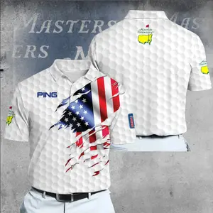 American Flag Golf Tour Inspired Polo Shirt – White Honeycomb Performance Golf Shirt for Men, Patriotic USA Ripped Flag Print, Lightweight Breathable Athletic Polo, Masters Style Tournament Outfit, Golf Lover Gift, Summer Sportswear
