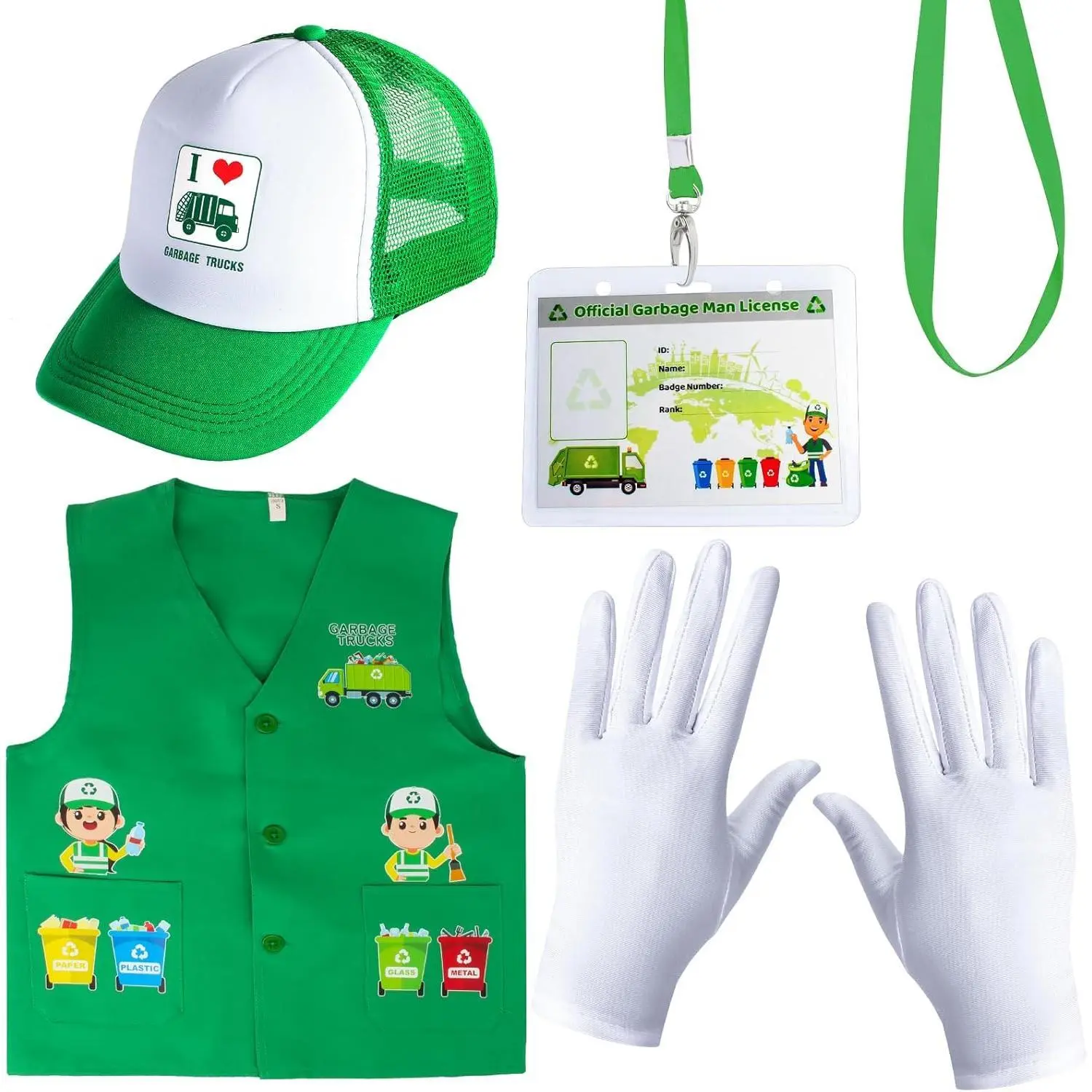 L-JLY007   Kids Waste Management Garbage Truck Costume Accessories Recycle Trash Vest Tucker Hat Gloves ID Card for Career Day
