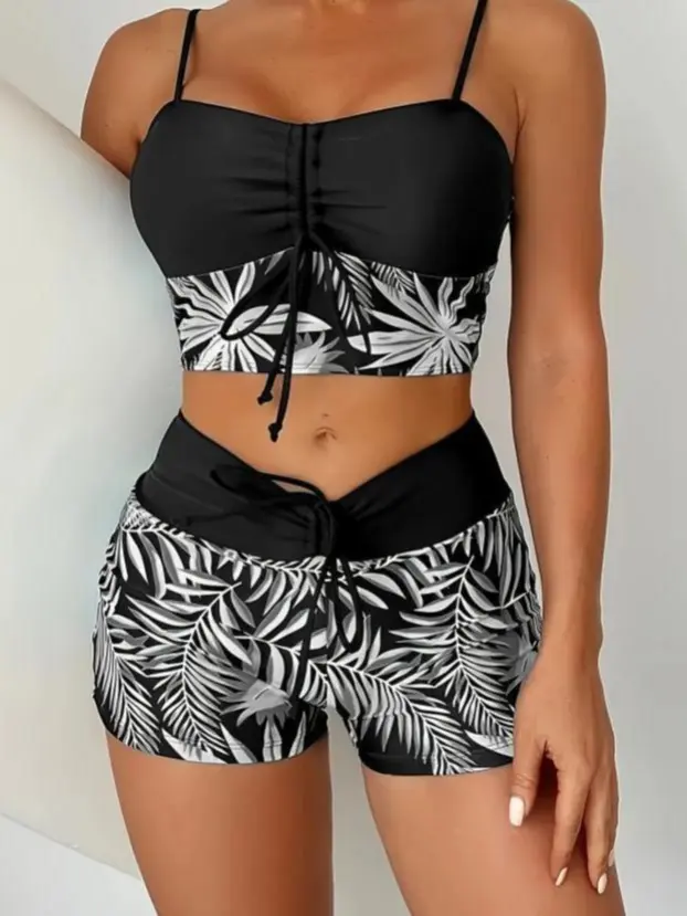 Women's  Popular Black & White Tropical Leaf Print 2-Piece Swimwear Set - Drawstring Cropped Top, High-Waist Shorts (High Rise Swim Bottoms) for Beach Vacation, Pool Party