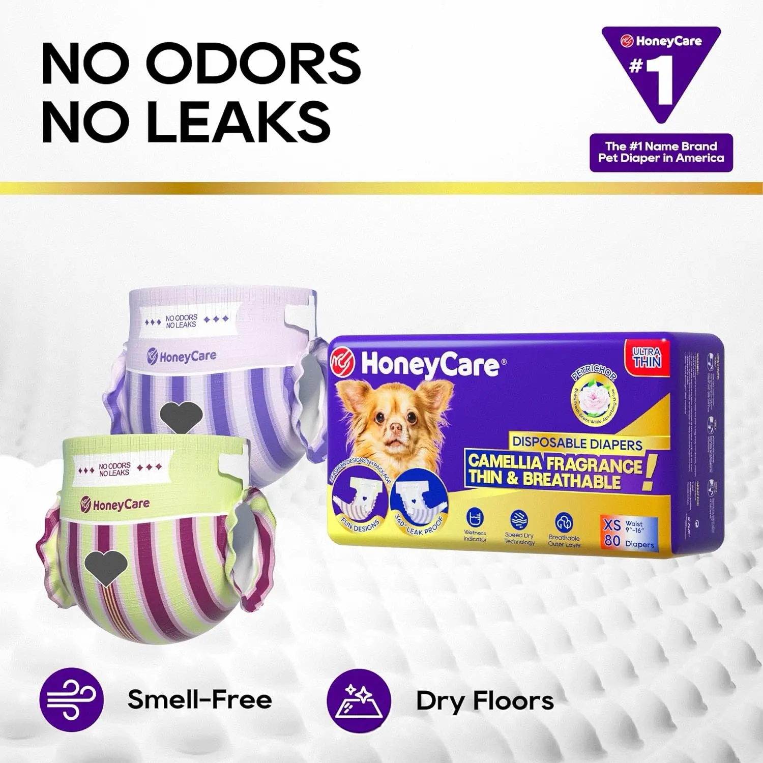 HoneyCare Petrichor Female Dog Diapers, Camellia Fresh Scent, Strong Absorb Core, Thin & Breathable, 2 Looks in 1 Pack, 80 Count, SummerVibes Pet Supplies for Dog Lovers