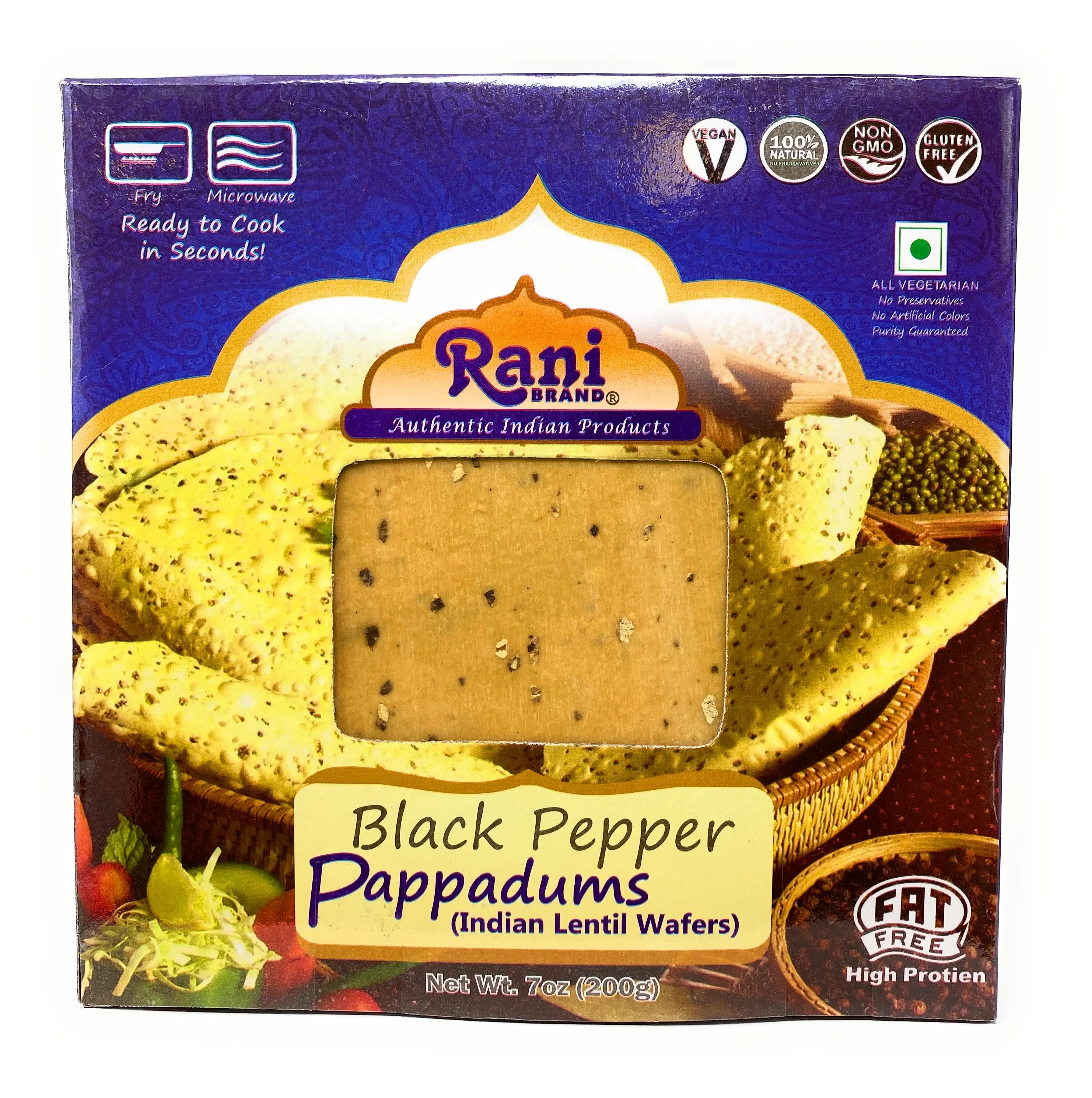Rani Pappadums (Indian Lentil Wafer Snack) Black Pepper Papad 7oz (200g) Approximately 15pc, 7 inches ~ All Natural | Gluten Friendly | NON-GMO | Vegan | Indian Origin