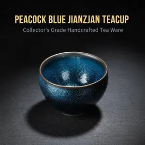 Peacock Blue Jianzhan Teacup, Iron Clay, Handmade, Fired – Ice Crack changed, Silver – Hair Crystal, Gift Box