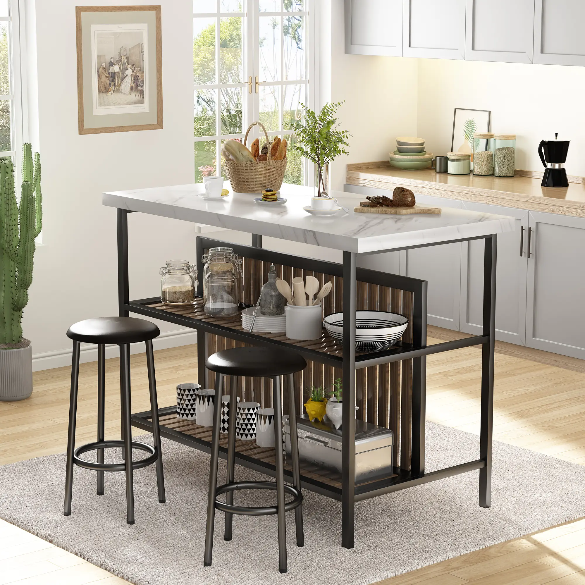 AWQM 3-Piece Faux Marble Bar Table with 2 Chairs:,Kitchen Island Set, Storage Included. Ideal for Dining & Small Spaces