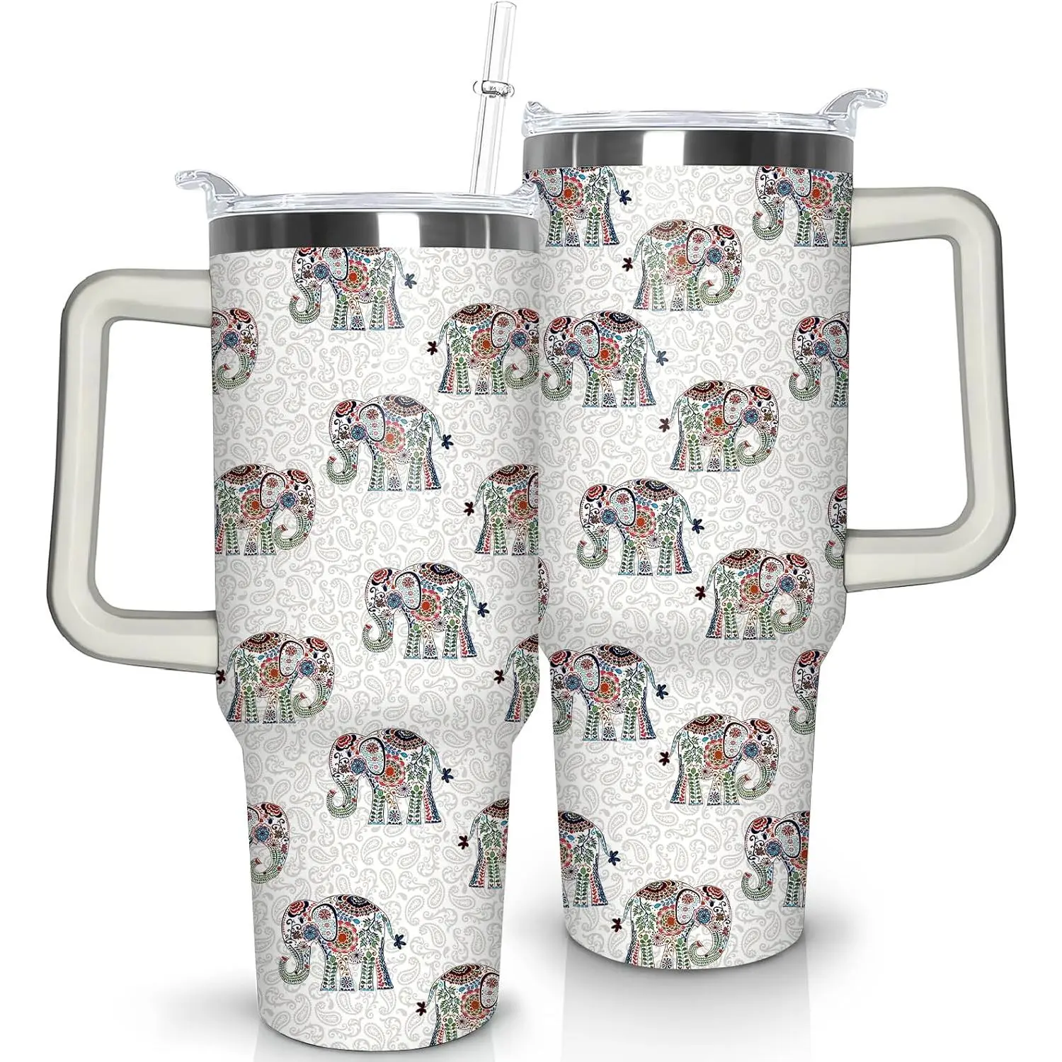 30 oz Elephant Stainless Steel Vacuum Insulated Flask - BPA-Free Leakproof Mug, Portable Drinkware with Handle, Reusable Straw, Bohemian Floral Cover, Lid, Women's Birthday Gift, Kitchenware Container