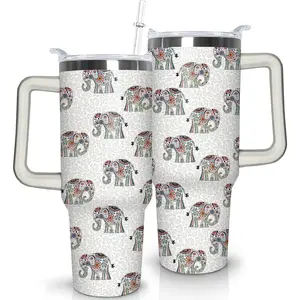 30 oz Elephant Tumbler with Handle and Straw, Boho Bohemian Floral Stainless Steel Vacuum Insulated Travel Coffee Mug Cup Water Bottle, Elephant Stuff Accessories Decor Gifts for Women Girls