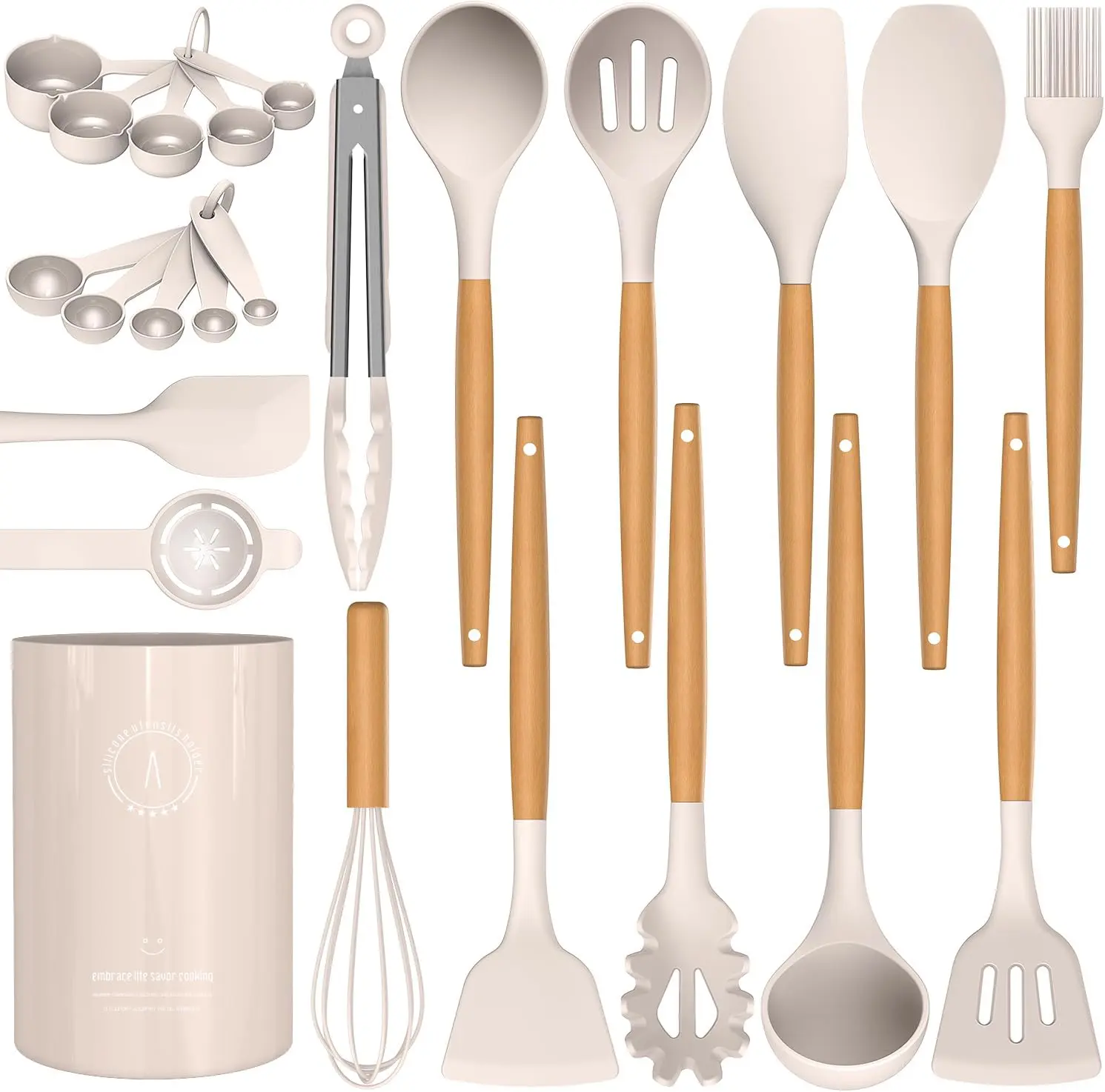Silicone Cooking Utensils Set with Wooden Handles & Holder, 446°F Heat Resistant BPA-Free Spatula Set for Nonstick Cookware