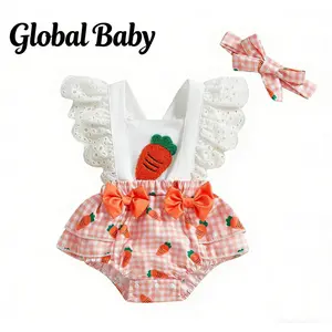 Global Baby Easter Sleeve Dress Children's Clothing Infants Children Middle Small Baby Girl Easter Outfits Hollow Out Flying Sleeveless Square Neck Carrot Print Bodysuit with Bow Headband