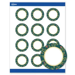 Avery® Printable Christmas Round Labels, 2" Diameter, Matte White, Pre-printed Teal & Metallic Gold Frame Design, Sure Feed® Technology, Laser & Inkjet Compatible, 240 Total