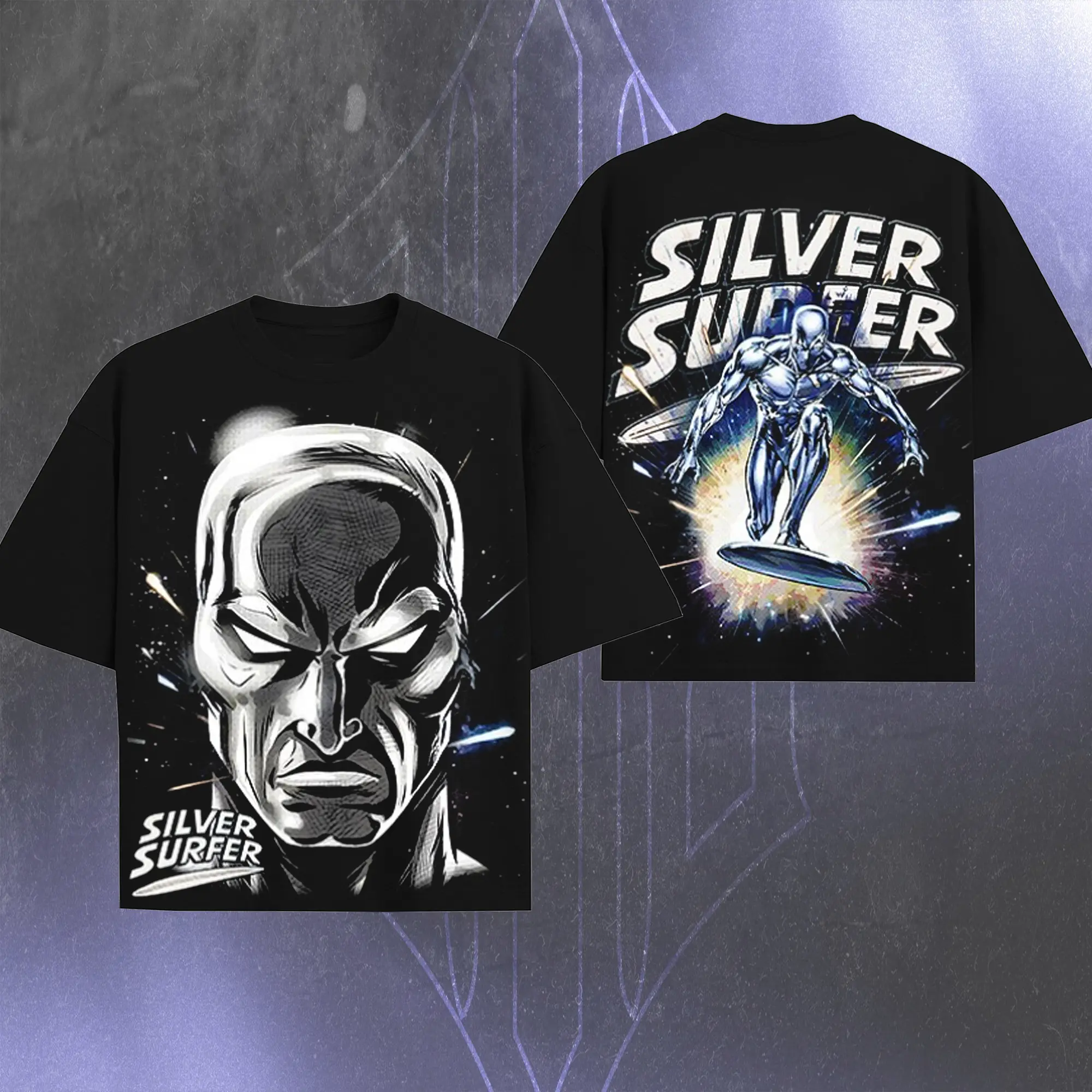 Silver Surfer – Herald of Galactus Vintage - MCU Comic Edition Double Printed Oversize Lightweight Vintage Comic Design Top Cotton Superheroes Streetwear T-Shirt Clothes Menswear Womenswear.