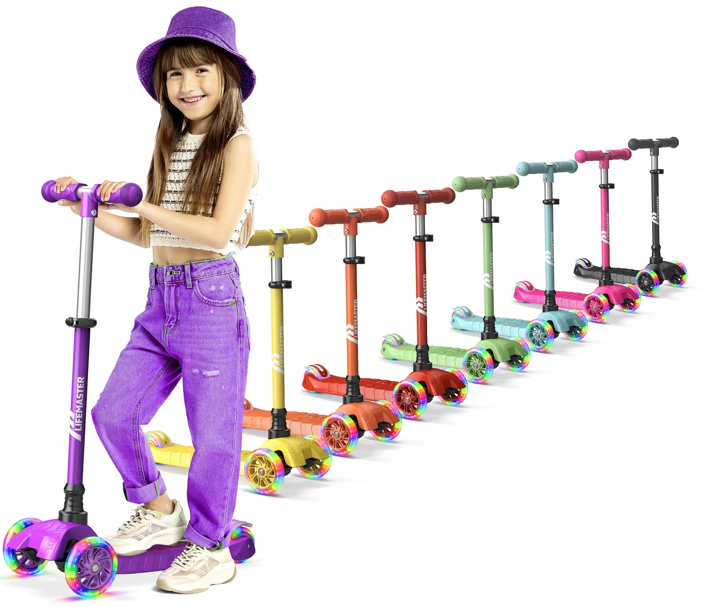 Lifemaster Mini 3-Wheel Kids Scooter with Polyurethane Multi-Color Wheel Lights - Foldable, 4-Height Adjustable Handlebar, Wide Anti-Slip Deck, Child Safety Certified, Compact & Portable, Indoor & Outdoor, 2+ Years Supports Up to 110 lbs, Purple