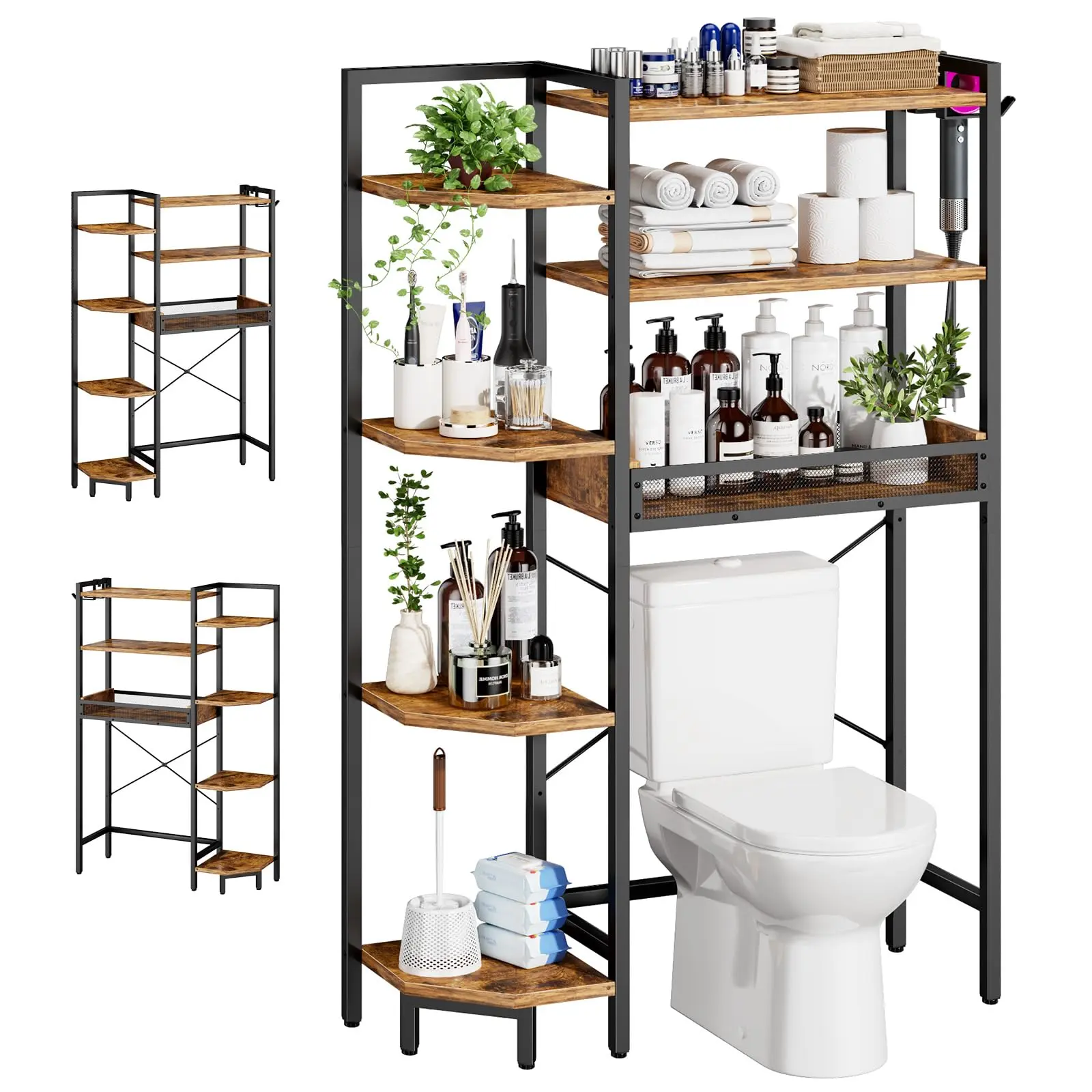 K1 Heavy Duty 7-Tier Over The Toilet Storage（With Basket and Paper Hook）Freestanding Above Toilet Shelf with Adjustable Feet，Space Saver Bathroom Shelves 9.3"D x 33.5"W x 63.8"H，Rustic Brown Toilet Rack  Organizing Accessories Organization