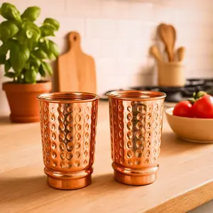 Hammered Pure Copper Tumblers Set of 2, UNLINED, UNCOATED and LACQUER Free | 350 Ml. (11.8 US Fl Oz) Traveller's Copper Cups for Ayurveda Health Benefits