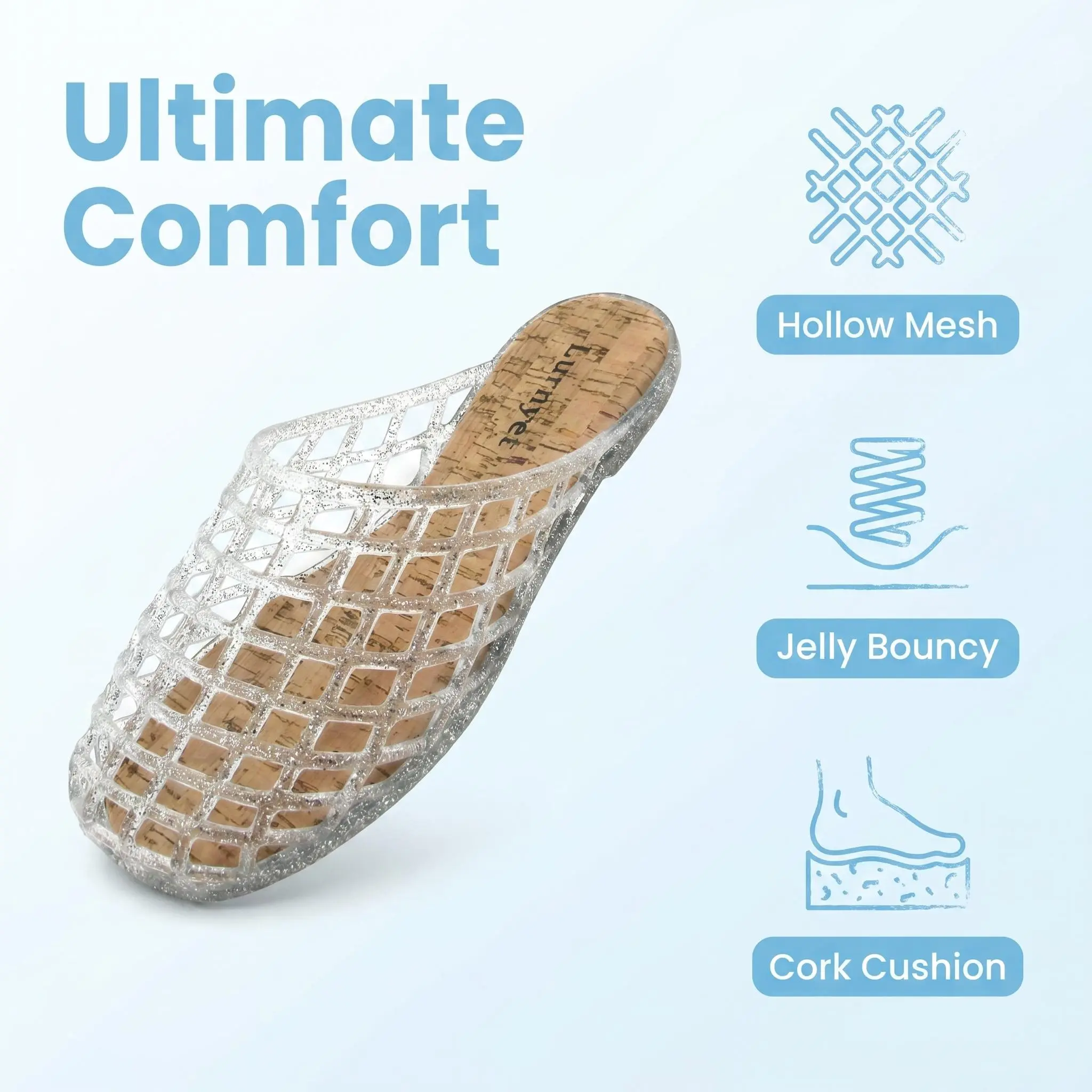 Women's MD Sparkly Silver Breathable Mesh Jelly Mule Slippers - Female Footwear with Soft Cork Insole, Grid Pattern, Closed Toe for Summer House Use, Slip On, Basic, Casual, Balcony Napping, All Seasons, Cute, Contours To Foot Shape