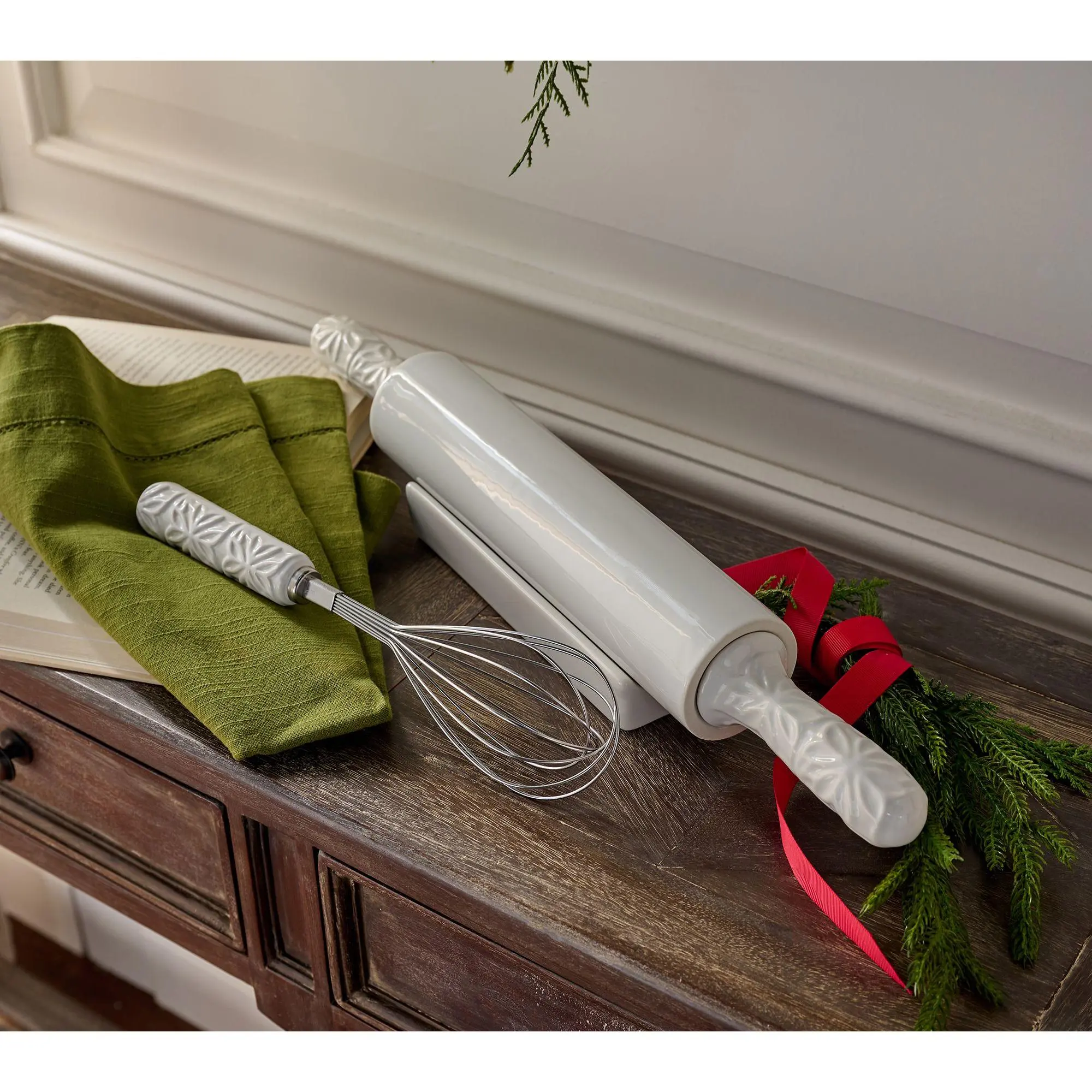 Sandra Lee 3-Piece Stamped Rolling Pin & Baking Whisk Stoneware Set Sandra Lee 3-Piece Stamped Rolling Pin & Baking Whisk Stoneware Set