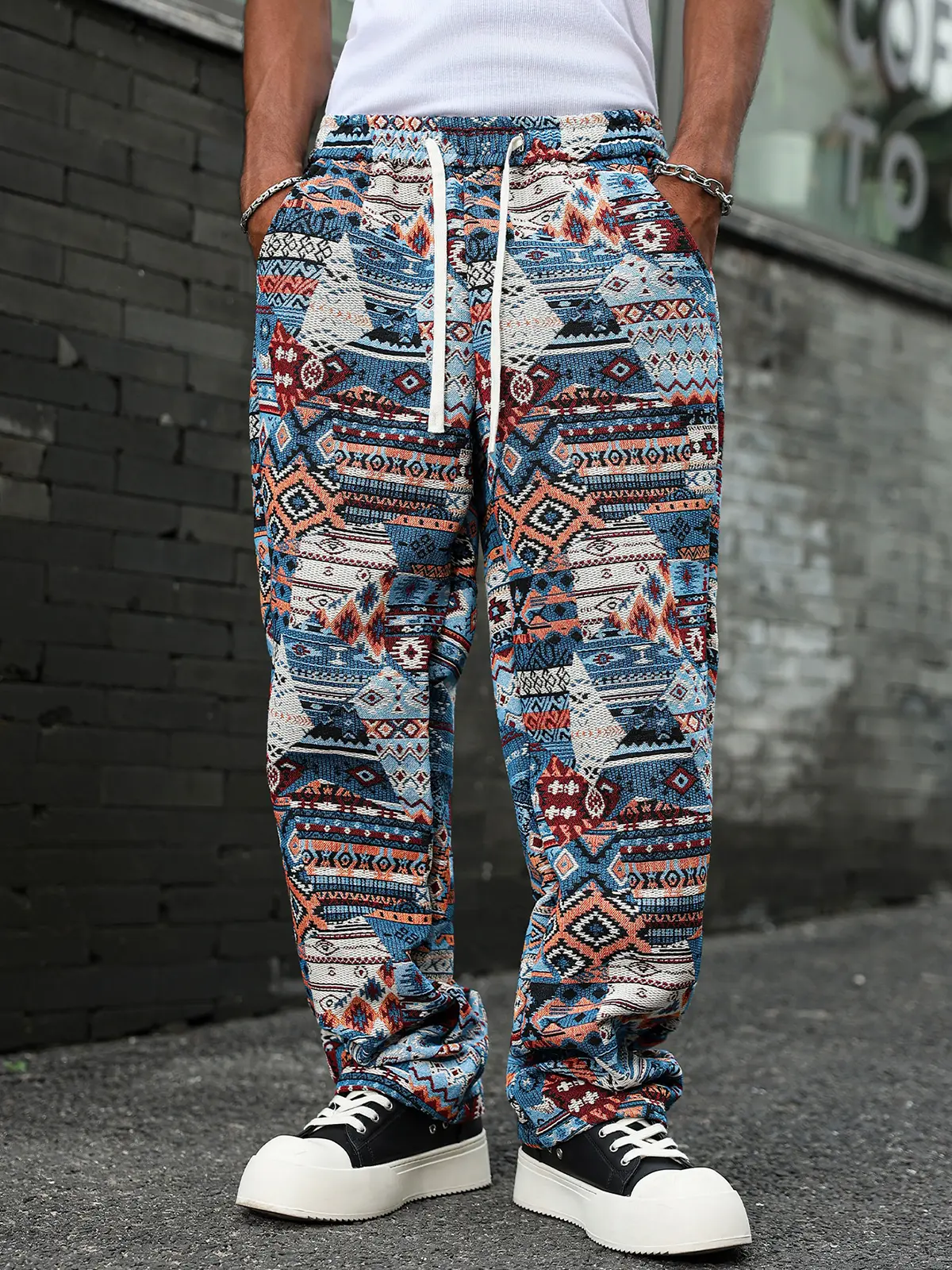 Men's Boho Tapestry Quick-Tie Pants - Relaxed Fit Menswear Bottoms, Rich Multicolored Geometric Print, Premium Breathable Non-Transparent Poly Viscose, Adjustable Drawstring, Ideal for Casual Outings & Weekends