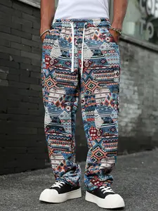 Mens Boho Style Tapestry Pants Boasting Rich Multicolored Geometric Weave Premium Breathable Material with Adjustable Drawstring Ideal for Casual Outings Weekend Activities and Versatile Streetwear