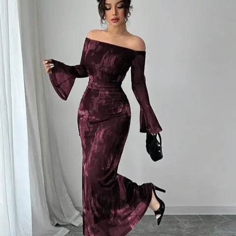 Women's Off-Shoulder Flare Sleeve Tie-Dye Fashion Mesh Print Ruched Mermaid Bodycon Dress, Autumn Off the Shoulder Wedding Guest Dress, Long Sleeve, Formal Dresses Women, Womenswear