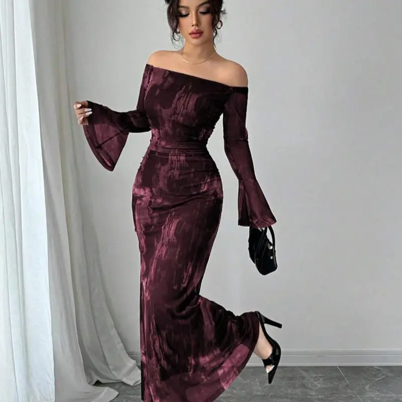 Women's Off-Shoulder Flare Sleeve Tie-Dye Fashion Mesh Print Ruched Mermaid Bodycon Dress, Autumn Off the Shoulder Wedding Guest Dress, Long Sleeve, Formal Dresses Women, Womenswear
