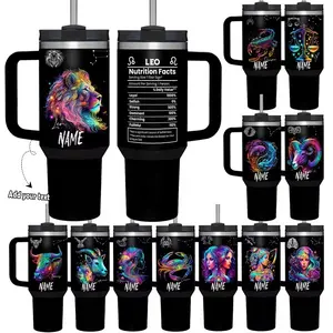 Customized 40oz insulated mug with handle and straw. Personalized zodiac-themed insulated mug with nutritional information, the perfect birthday gift for Capricorn lovers. (Zodiac gift, travel mug)