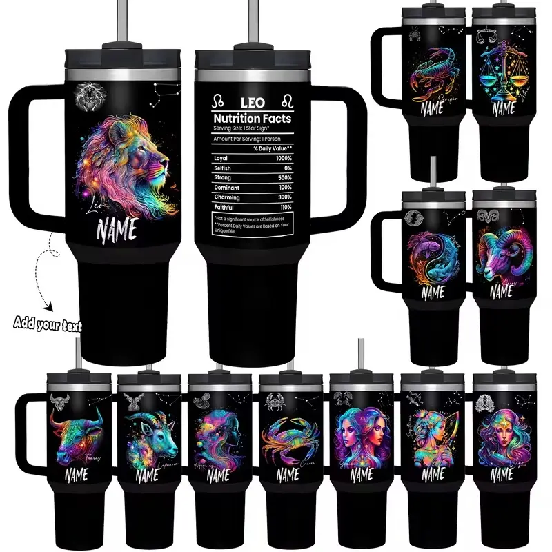 Customized 40oz insulated mug with handle and straw. Personalized zodiac-themed insulated mug with nutritional information, the perfect birthday gift for Capricorn lovers. (Zodiac gift, travel mug)