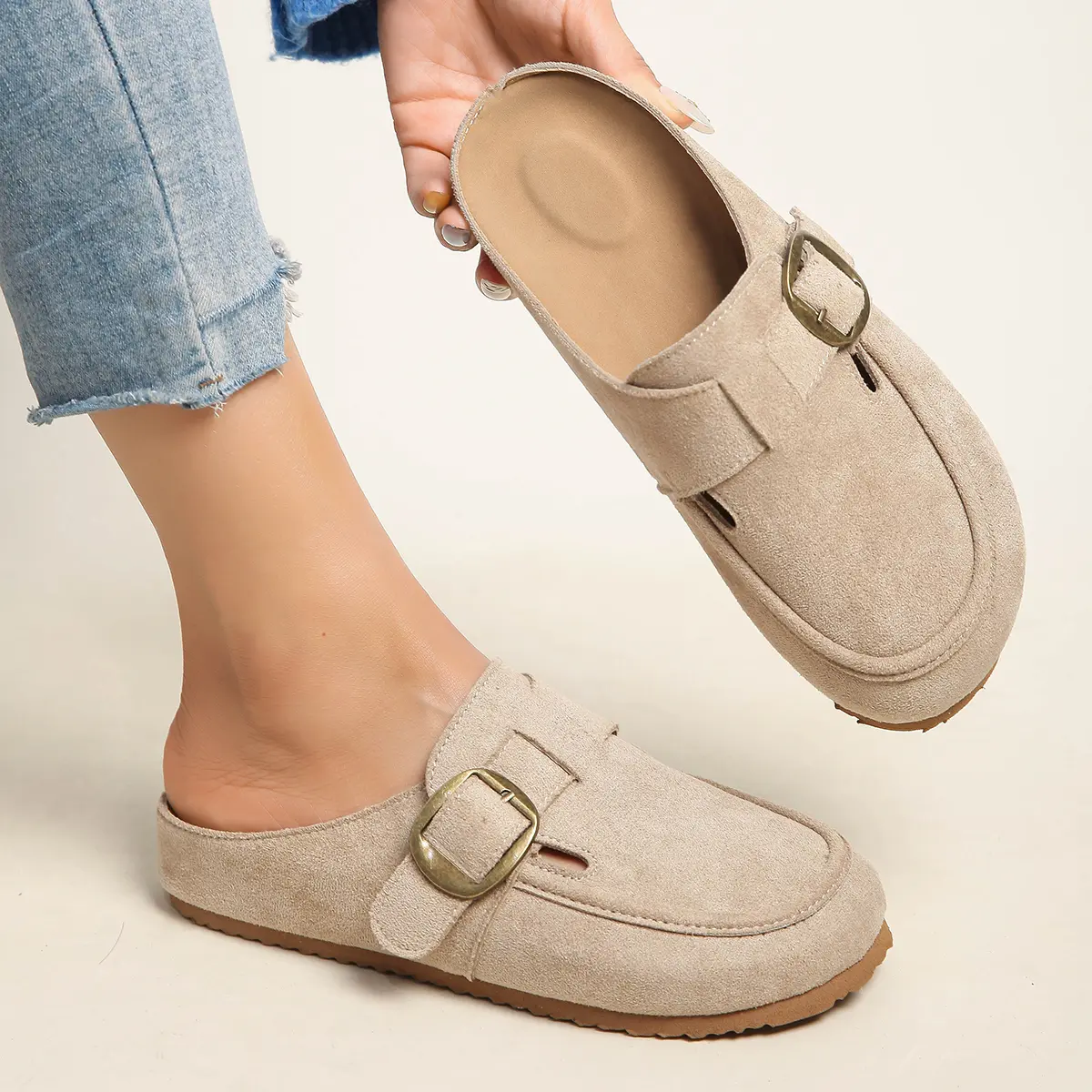 Women's Soft Suede Mules Clogs, Closed Toe Slip-On Flats with an Adjustable Buckle, Comfortable Casual Elegant Footwear with a Non-Slip Sole, Minimalist, 0.5 Cm, Shoes For Women, Round Toe, Synthetic, Everyday Pink, Fabric, Ankle, Women's Shoes Lightweigh