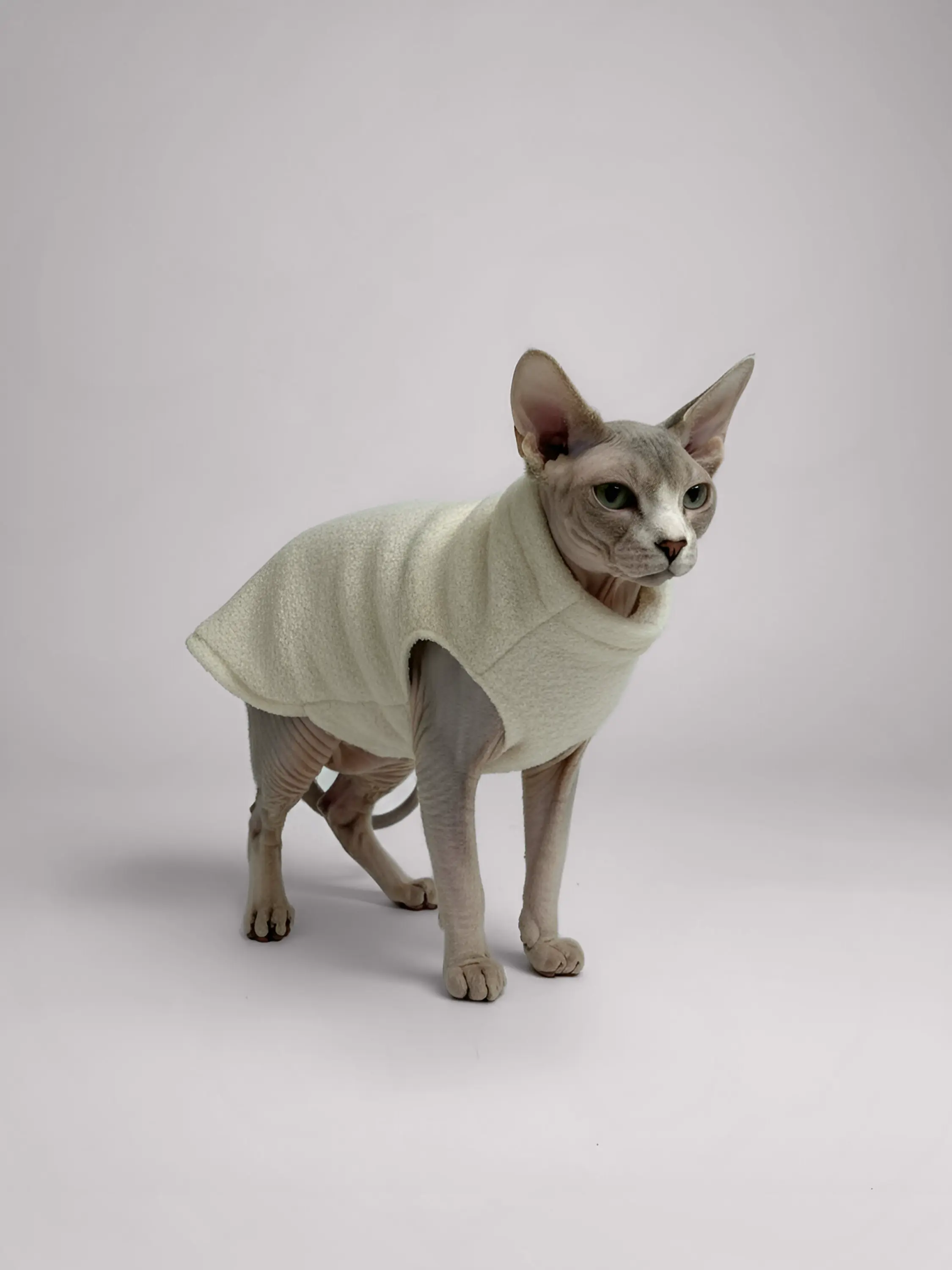 Sphynx Cat Turtleneck Sweater | Ivory Bouclé Fleece Knit | Lightweight Hairless Cat Clothing