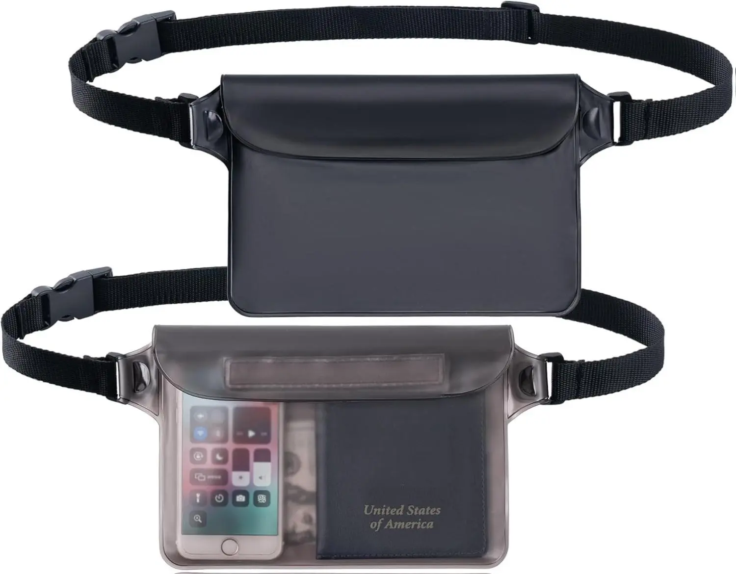 2-Pack Solid PVC Waist Pouch, Lightweight Bag with Triple Zipper Seal, Screen-Touch Sensitive for Fishing & Snorkeling, Beach Necessities, Bum Bag, Water Sports, Adjustable, Touchscreen, Dry Bags