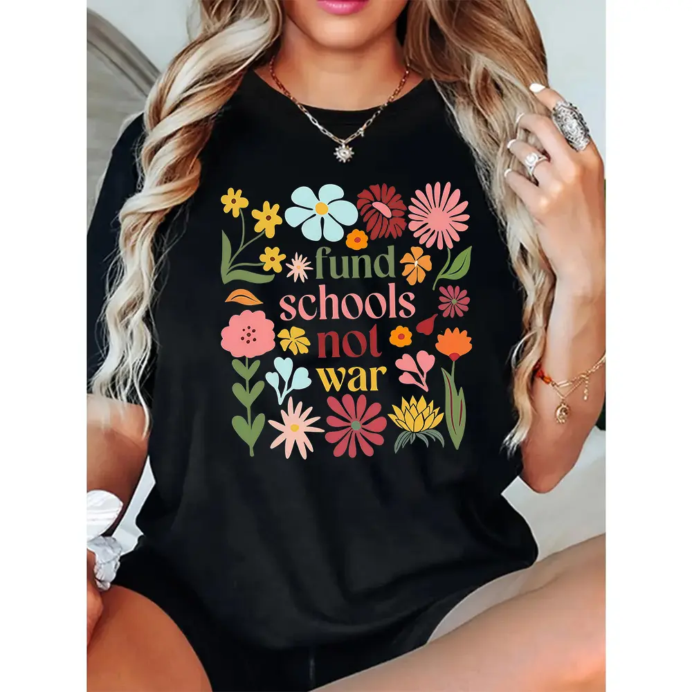 Women's Cotton Fabric Seamless Graphic T-Shirt - Round Neck Shortsleeve, Flowers Surround Text Message Digital Print, Machine Washable, Breathable Spring-Summer Casual Style, Graphics, Smooth, Soft, Tshirt
