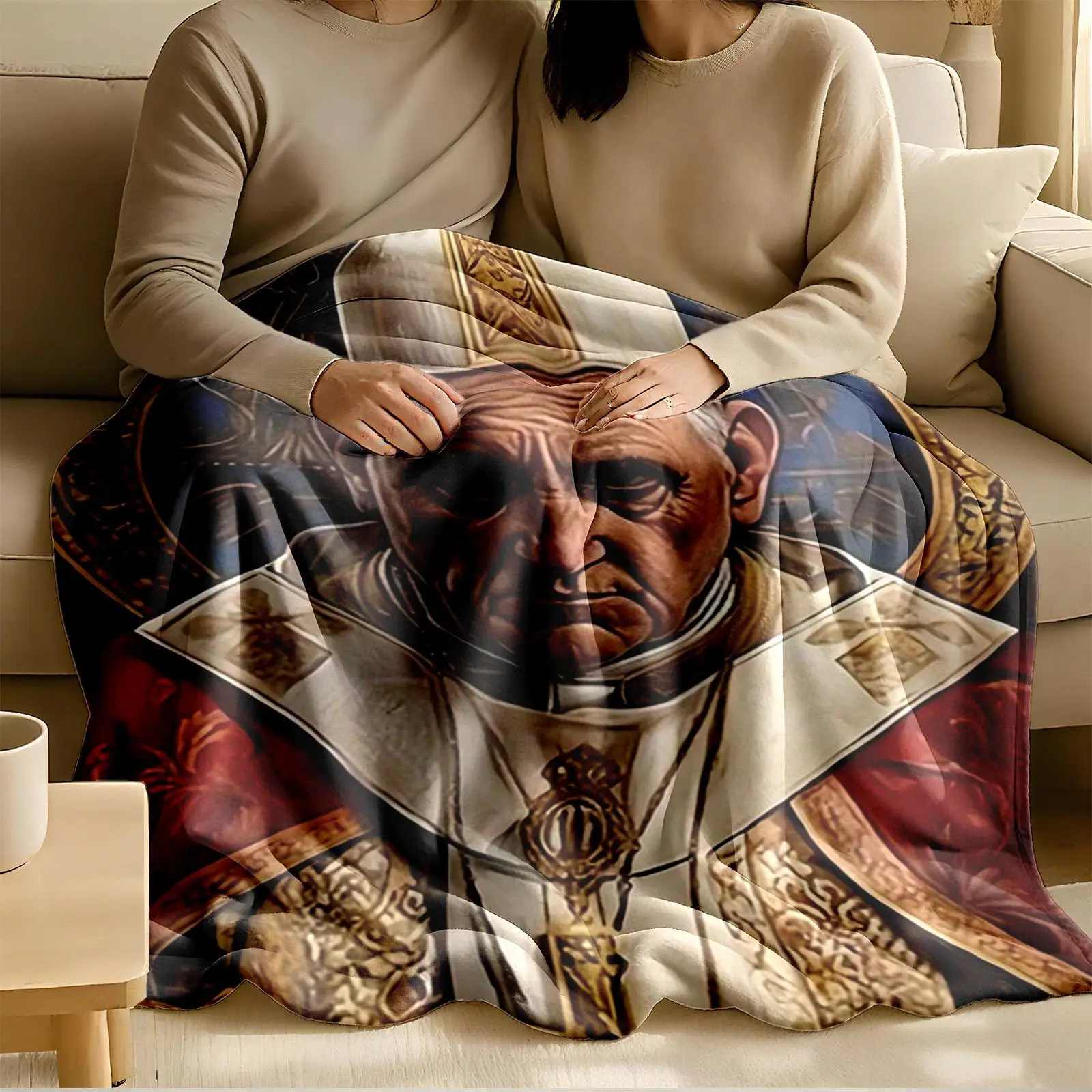 1 piece Pope religious leader traditional robe portrait themed flannel blanket - Oversized fluffy flannel sofa blanket, suitable for beds and sofas, modern design, all-season use, digitally printed pattern, 100% polyester material, machine