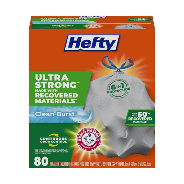 Hefty Ultra Strong 13-Gallon Tall Kitchen Trash Bags, 80 Count, Gray, Clean Burst, Made with 50% Recovered Materials