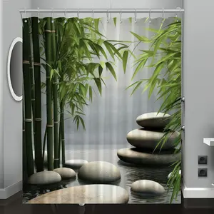 Pebble and bamboo printed shower curtain, One Piece, perfect for bathroom decoration, partitioning, and beautifying space. Made of durable polyester material, easy to clean, machine washable, available in multiple sizes, comes with shower curtain hooks.