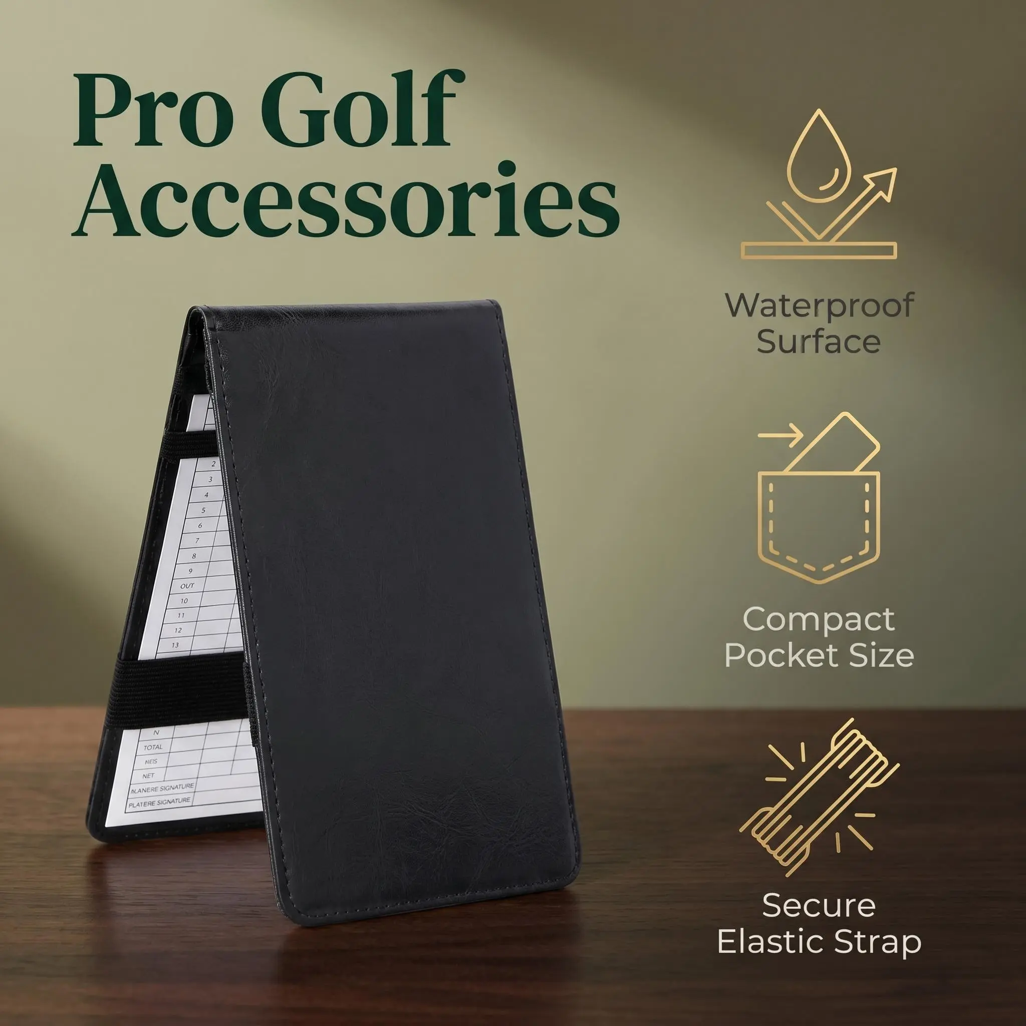 PU Leather Golf Scorecard Holder & Yardage Book Cover, Solid Black Slim Folded Design with Elastic Strap, Fits Standard Cards & Includes Steel Divot Tool backtoschool, Compact, Solid Colors, Golf Courses, Premium Pu Leather, Slim Fit, Standard Size, Class