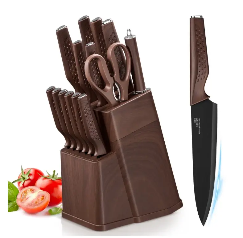 Vesteel Knife Block Set for Kitchen, 15-Piece High Carbon Stainless Steel Knives Set with Ergonomic Handle, Ultra-sharp & Rust Resistant, Walnut Brown