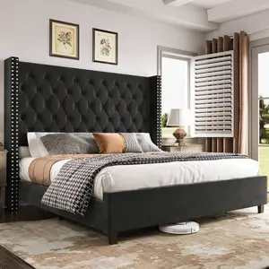 Elegant Velvet Upholstered Bed Frame With 61.4" Tall Headboard – Deep Button Tufting For A Luxurious Look, Black apartment furniture queen