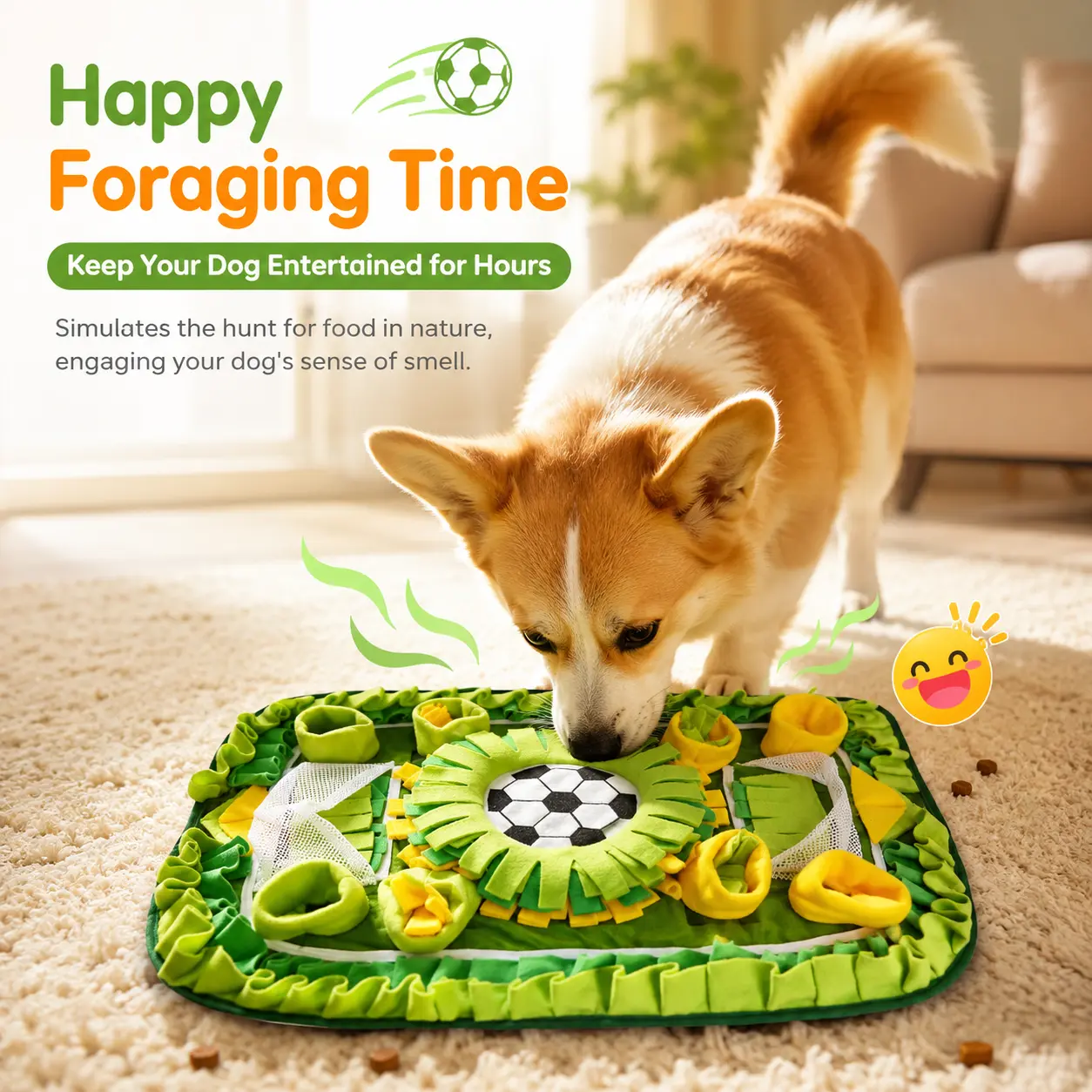 Plush Soccer Field Square Dog Snuffle Mat - Soft Fleece Slow Feeder, Nose Work Training Tool, Indoor Interactive Foraging Puzzle Toy with Treat Hide Pockets, Durable, Easy-Clean for Mental Enrichment, Healthier Eating