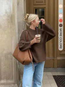 Women's Fashion Solid Color Warm Loose Knit Sweater, Elegant Round Neck Long Sleeve Pullover, Casual Winter Wear Knitwear