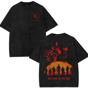 Red Dead redemption V16 Double Printed Washed 2 Sided Printing T-Shirt RPG action Video anime manga Games movie Streetwear graphic tees Casual Cotton sweater men gifts gamer Fabric Menswear Soft Top shirts men